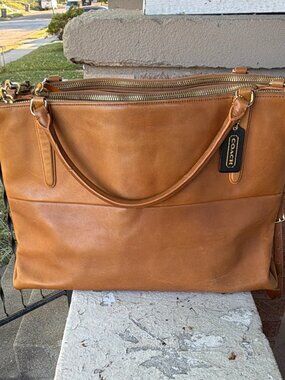 Coach Borough Tote Camel Cognac Smooth Italian Napa Leather 17" Laptop Brief Bag
